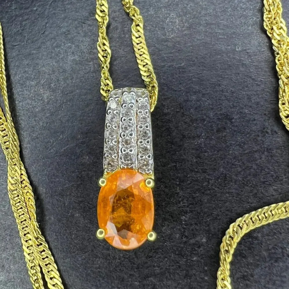 NEW Orange Mandarin Garnet Gold Over Sterling Silver Pendant With Chain - Picture 2 of 11